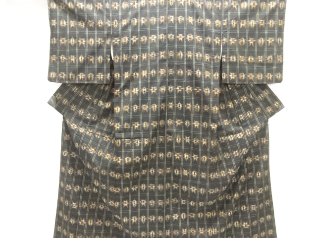 未使用品　格子に絣柄織出し手織り紬着物